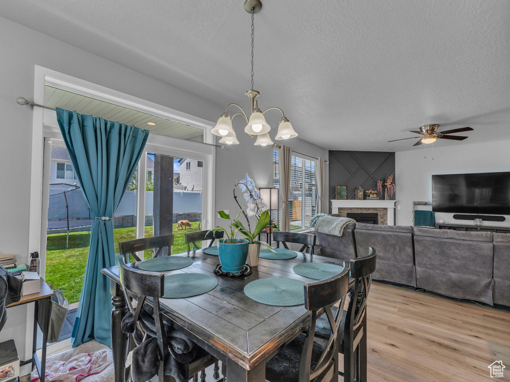 Dining room with light wood-style flooring, a ceiling fan, a textured ceiling, a chandelier, and a fireplace