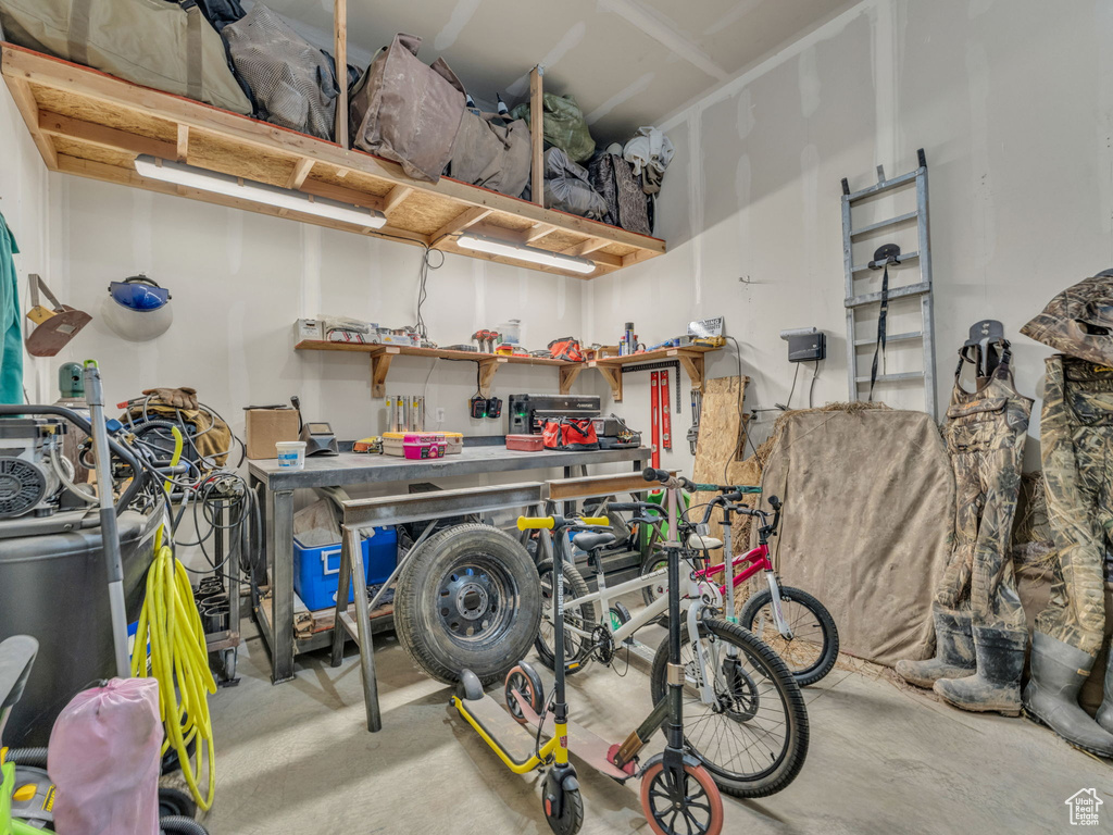 Garage with a workshop area