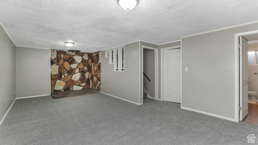 Finished below grade area with a textured ceiling, baseboards, and carpet flooring