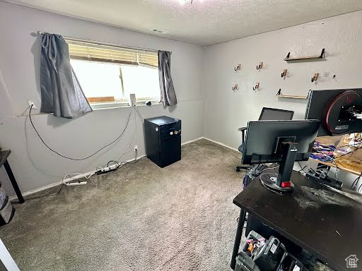 Carpeted home office with baseboards and a textured ceiling