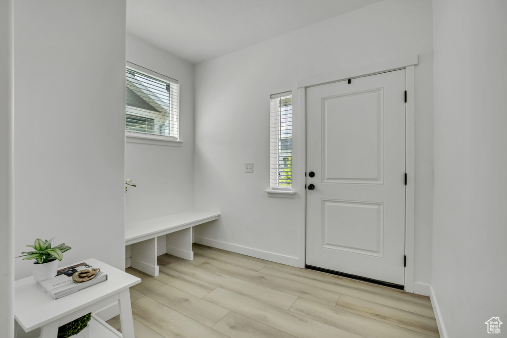 Mudroom with light wood finished floors and baseboards