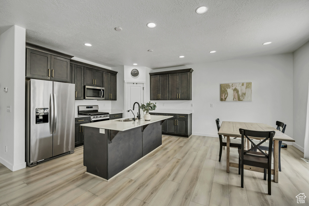 Kitchen featuring stainless steel appliances, a sink, light wood-type flooring, light countertops, and an island with sink
