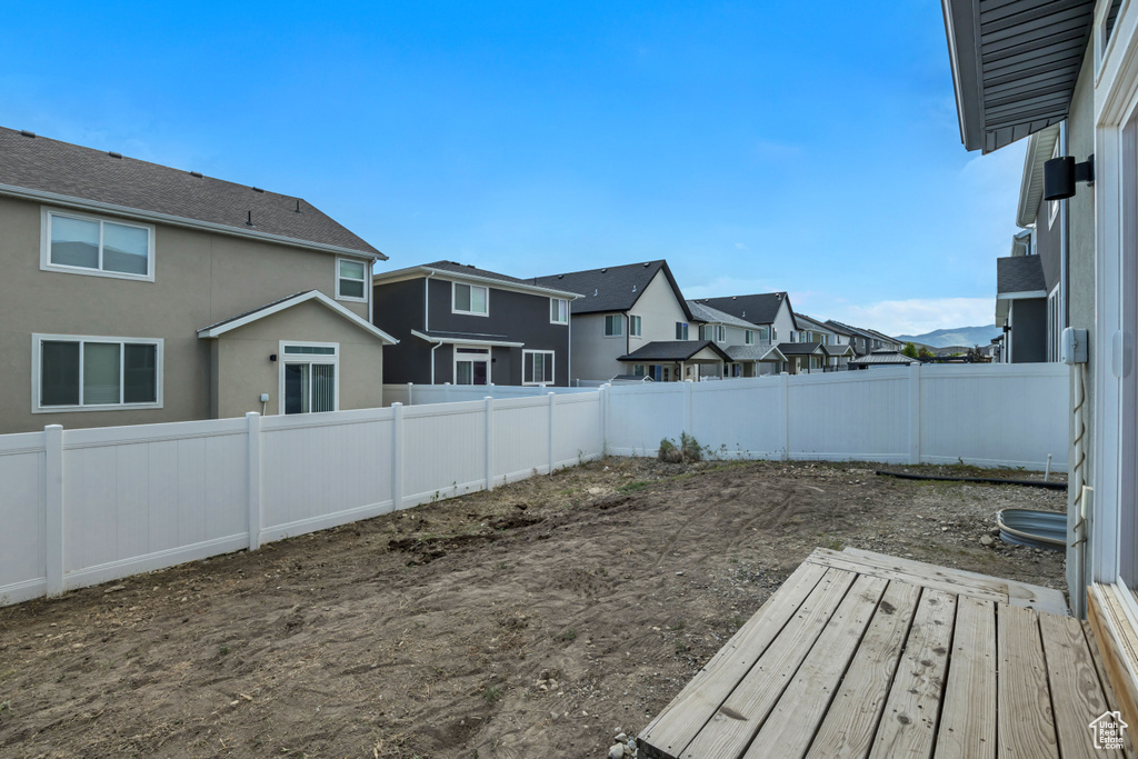 Fenced backyard with a residential view