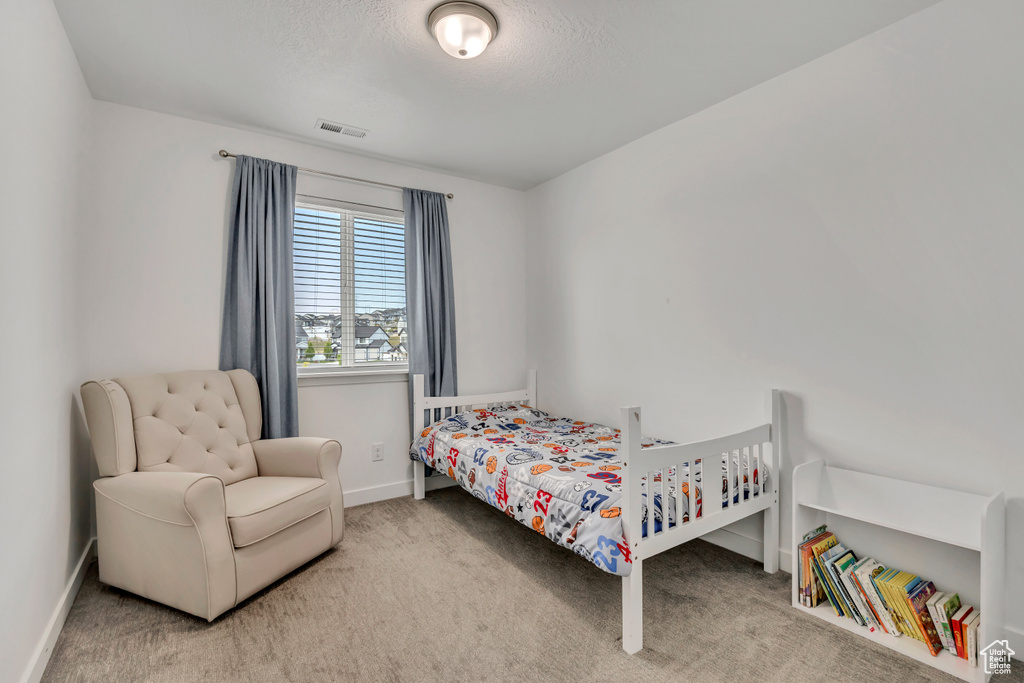 Bedroom with baseboards, carpet flooring, and a textured ceiling