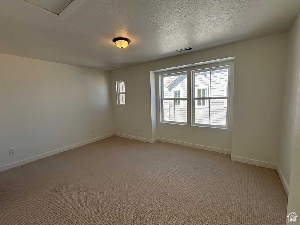 Unfurnished room with baseboards, light colored carpet, and a textured ceiling