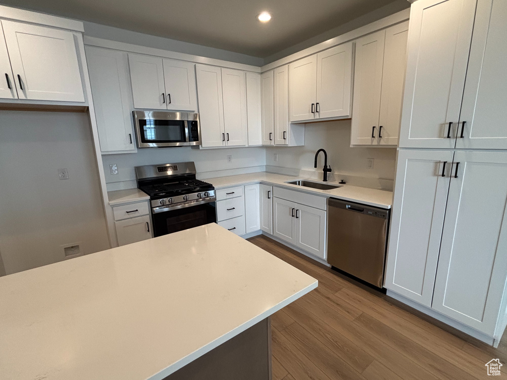 Kitchen featuring stainless steel appliances, a sink, wood finished floors, recessed lighting, and light countertops