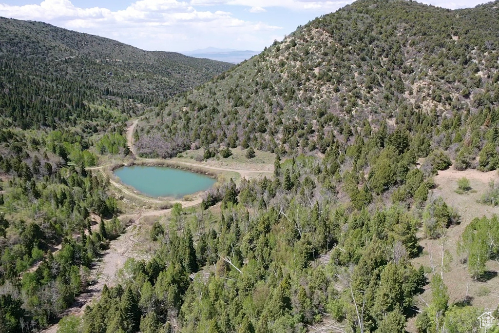 Aerial view of property and surrounding area featuring a heavily wooded area and a water and mountain view
