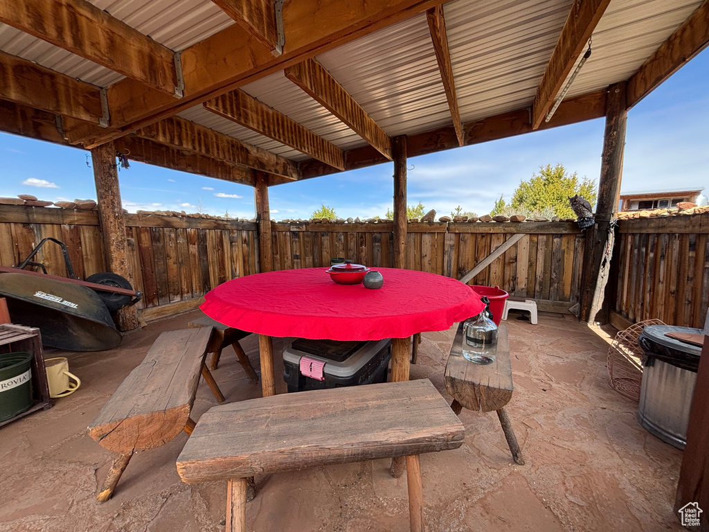 Fenced backyard with a patio