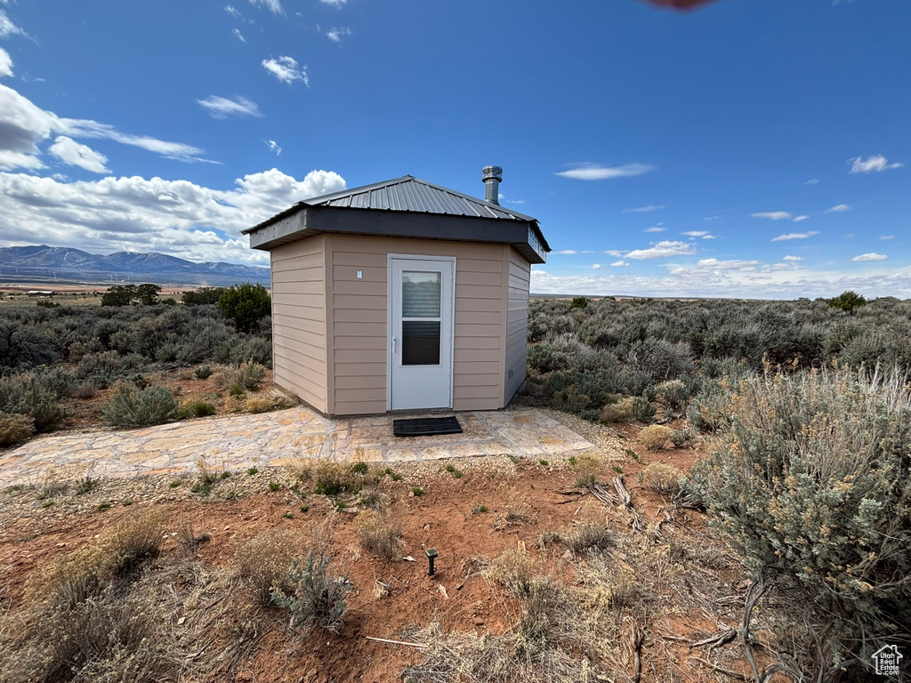 View of shed featuring a mountain view