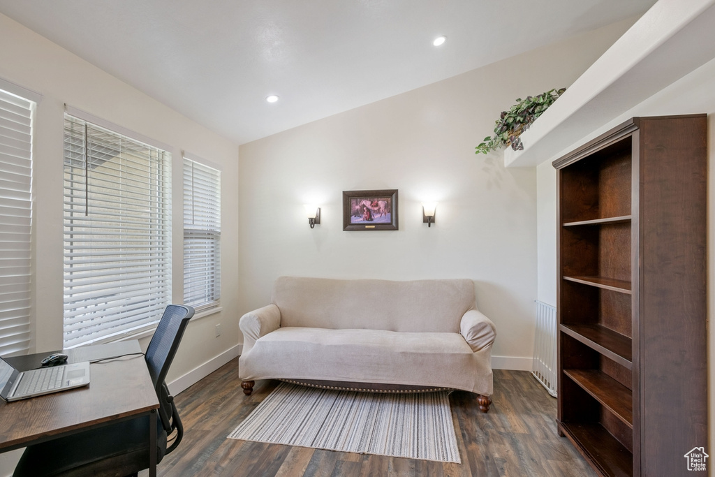 Office space with dark wood finished floors, baseboards, and recessed lighting