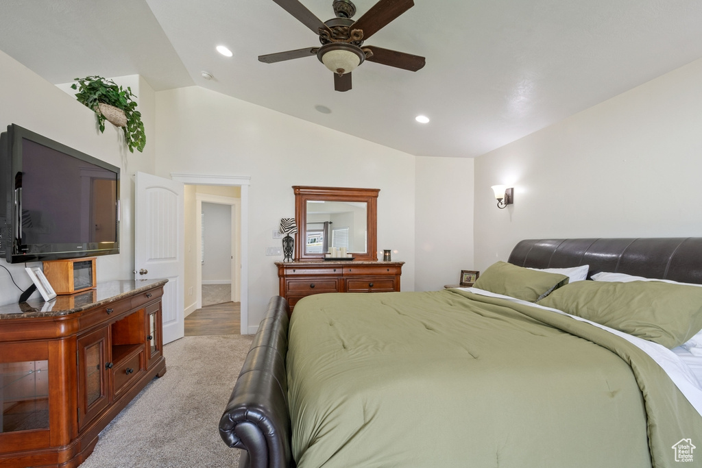Bedroom featuring lofted ceiling, recessed lighting, a ceiling fan, and baseboards