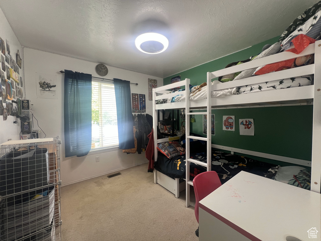 Carpeted bedroom featuring a textured ceiling