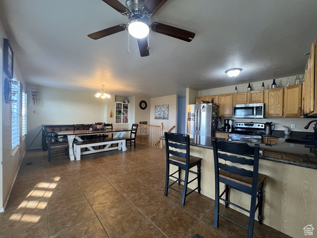 Kitchen featuring stainless steel appliances, dark countertops, a chandelier, a sink, and ceiling fan