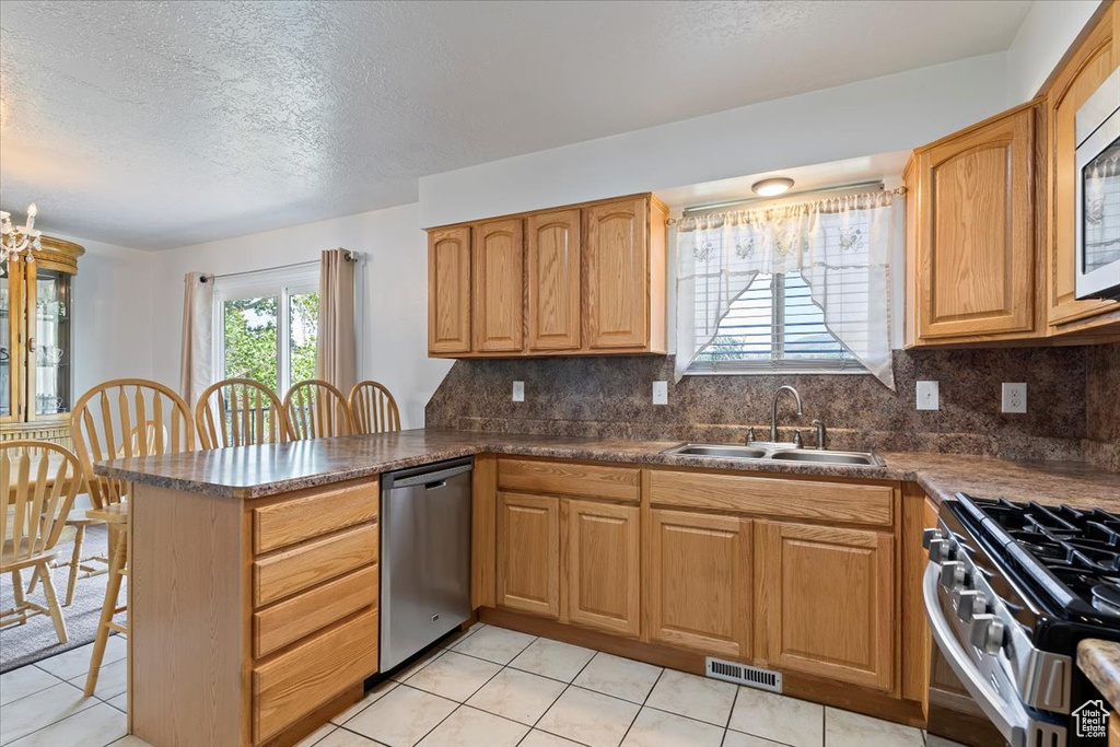Kitchen with stainless steel appliances, a sink, a peninsula, tasteful backsplash, and a textured ceiling