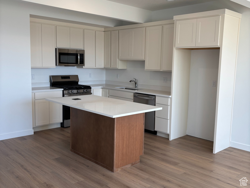 Kitchen with stainless steel appliances, a kitchen island, wood finished floors, a sink, and recessed lighting