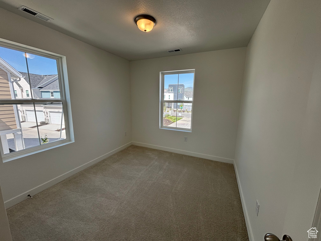Empty room with healthy amount of natural light, baseboards, and light carpet
