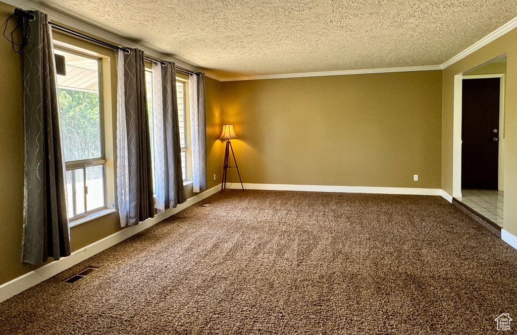 Carpeted empty room featuring a textured ceiling, crown molding, and baseboards
