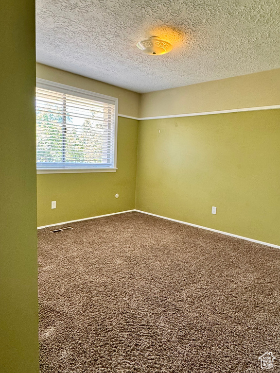 Empty room with carpet flooring and a textured ceiling