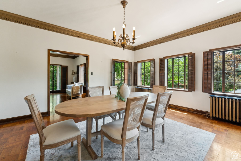 Dining room with radiator, a chandelier, baseboards, and ornamental molding