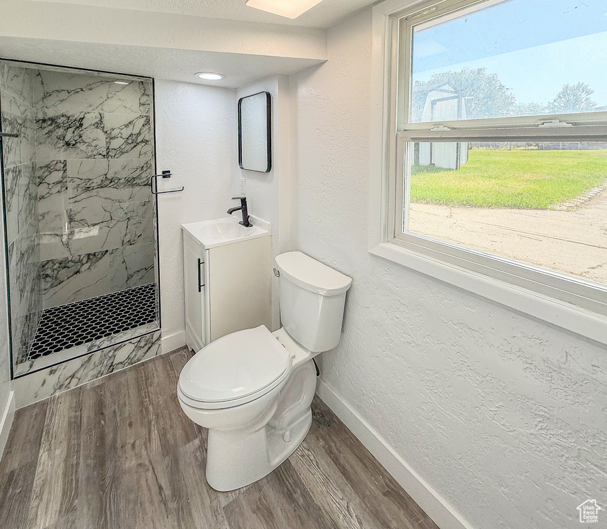 Bathroom featuring wood finished floors, toilet, a marble finish shower, baseboards, and vanity