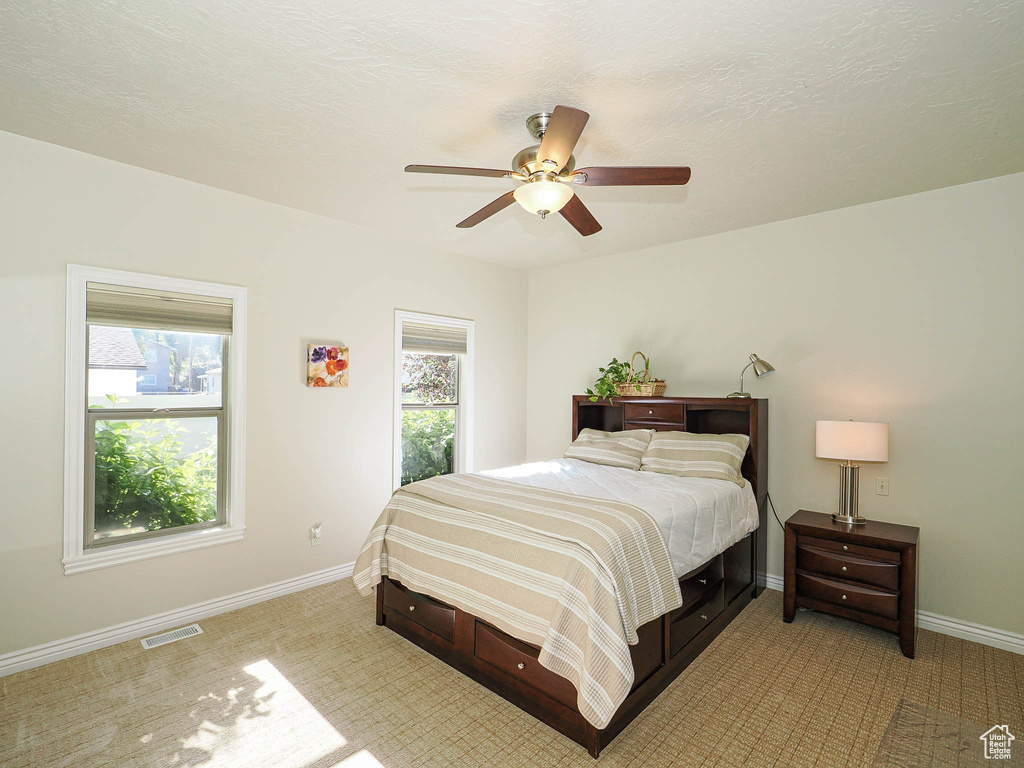 Bedroom with multiple windows, baseboards, and light carpet