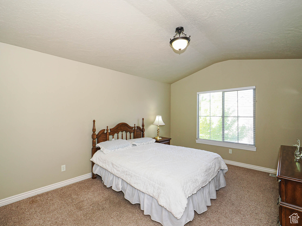 Carpeted bedroom featuring lofted ceiling, baseboards, and a textured ceiling