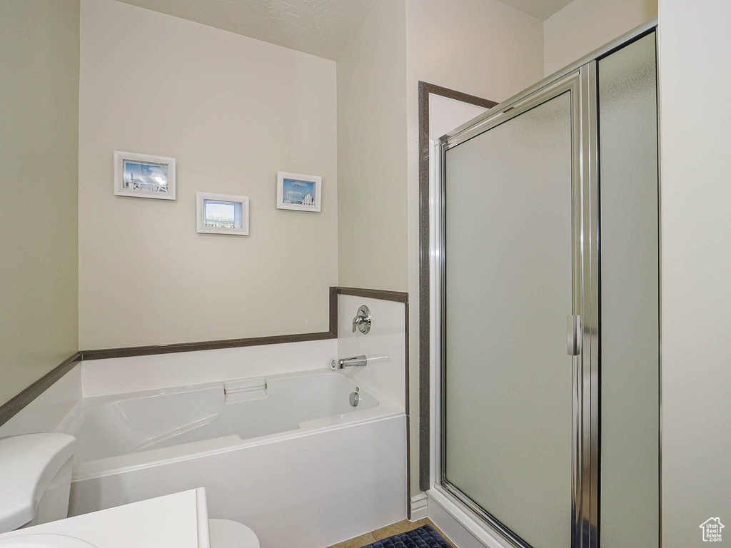 Bathroom with toilet, a bath, and a shower stall