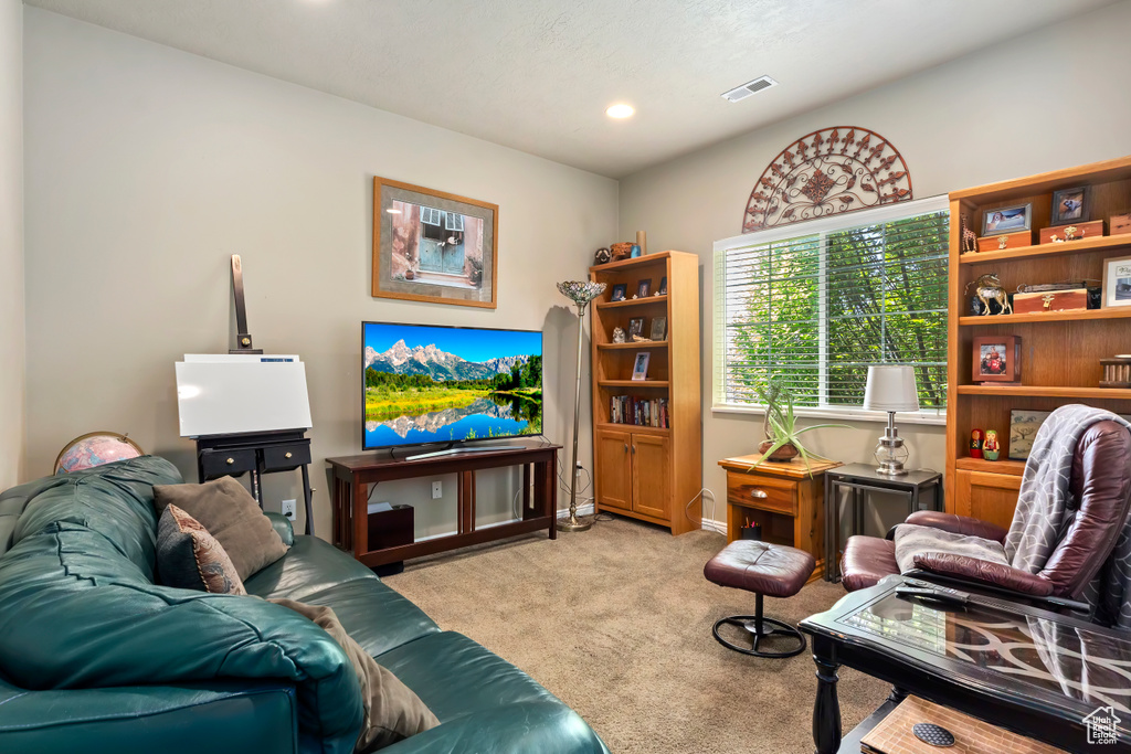 Living area featuring carpet floors, baseboards, and recessed lighting