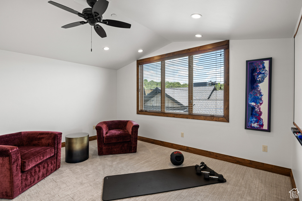 Workout area featuring recessed lighting, carpet flooring, baseboards, vaulted ceiling, and a ceiling fan