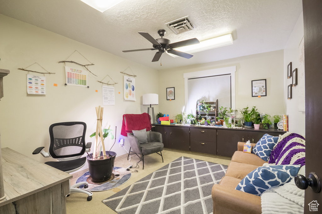 Carpeted home office featuring ceiling fan and a textured ceiling