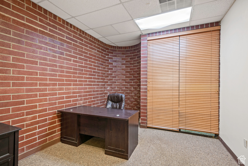 Unfurnished office with a drop ceiling, carpet floors, and brick wall