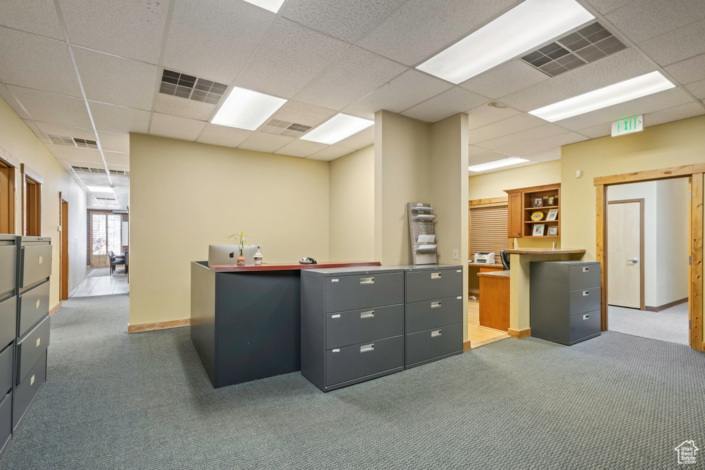 Office space with carpet flooring, a drop ceiling, and baseboards