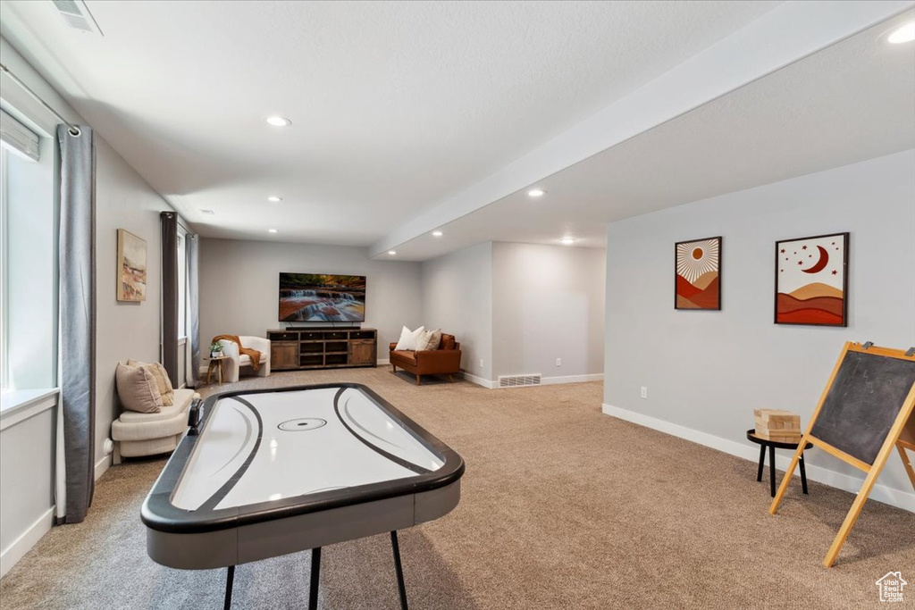 Playroom with recessed lighting, carpet flooring, and baseboards