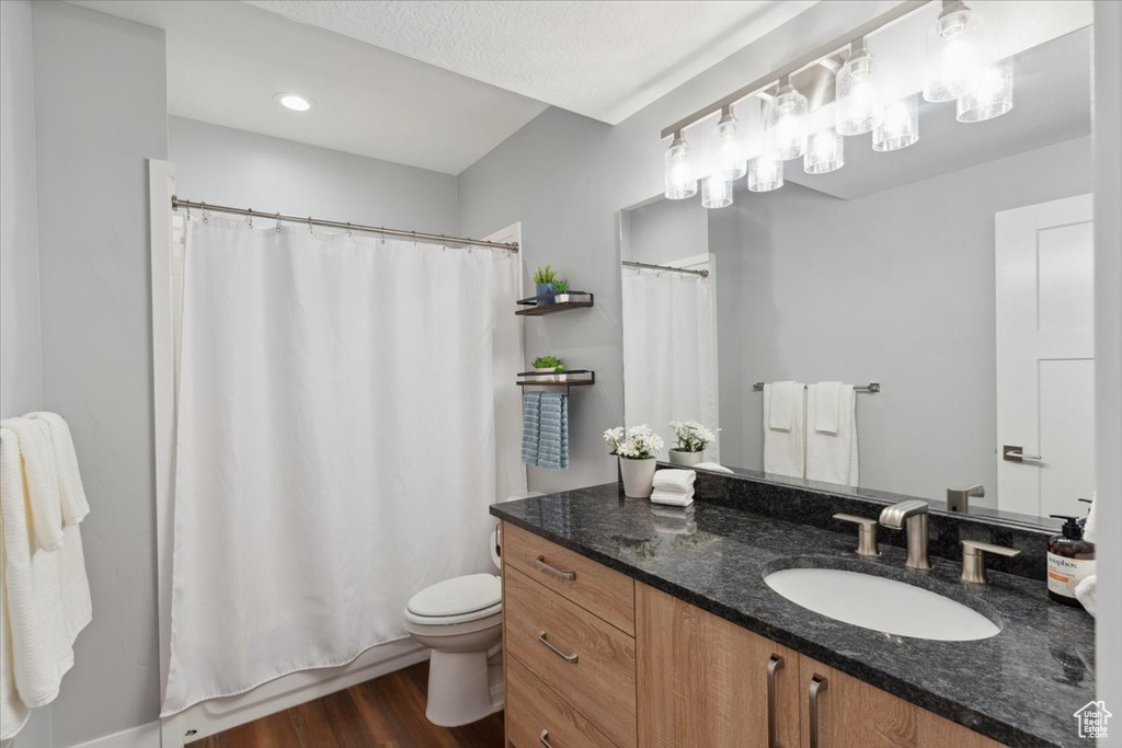 Bathroom featuring toilet, vanity, and wood finished floors