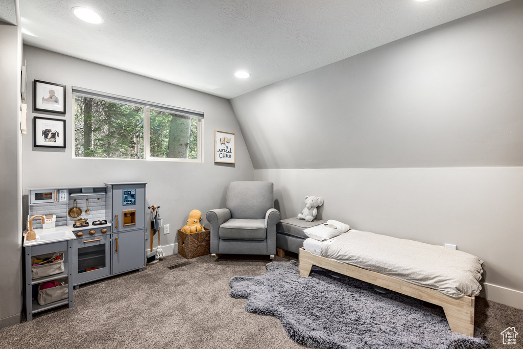 Carpeted bedroom with lofted ceiling, baseboards, and recessed lighting
