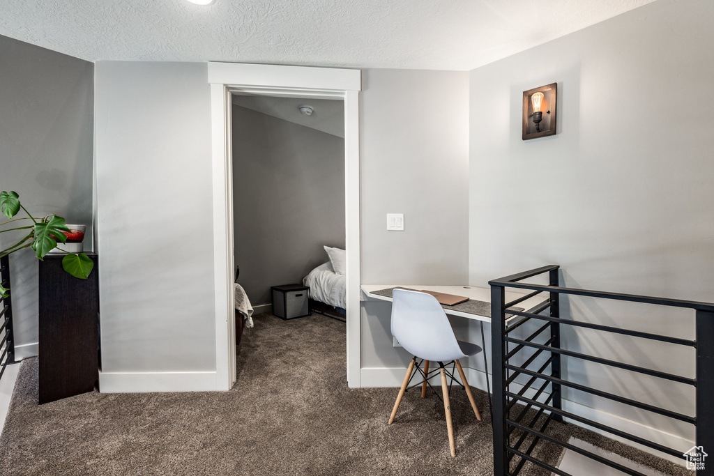 Carpeted office space featuring baseboards and a textured ceiling