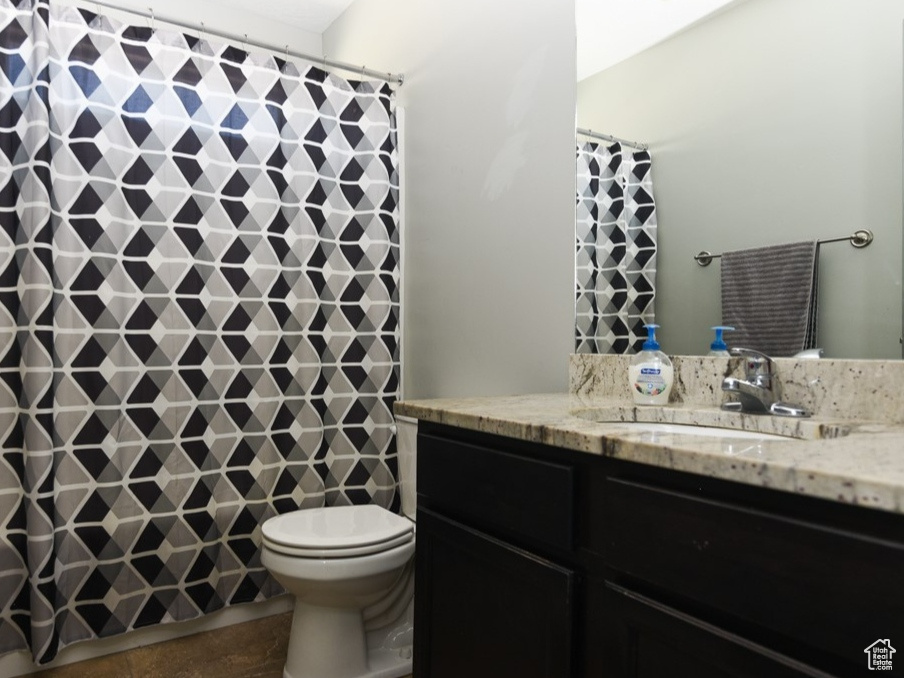 Bathroom with vanity, toilet, and a shower with shower curtain