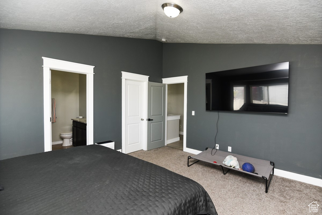 Bedroom with lofted ceiling, a textured ceiling, baseboards, carpet floors, and ensuite bathroom