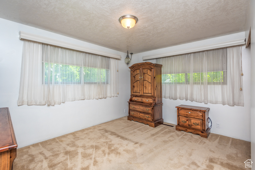 Carpeted spare room featuring a textured ceiling