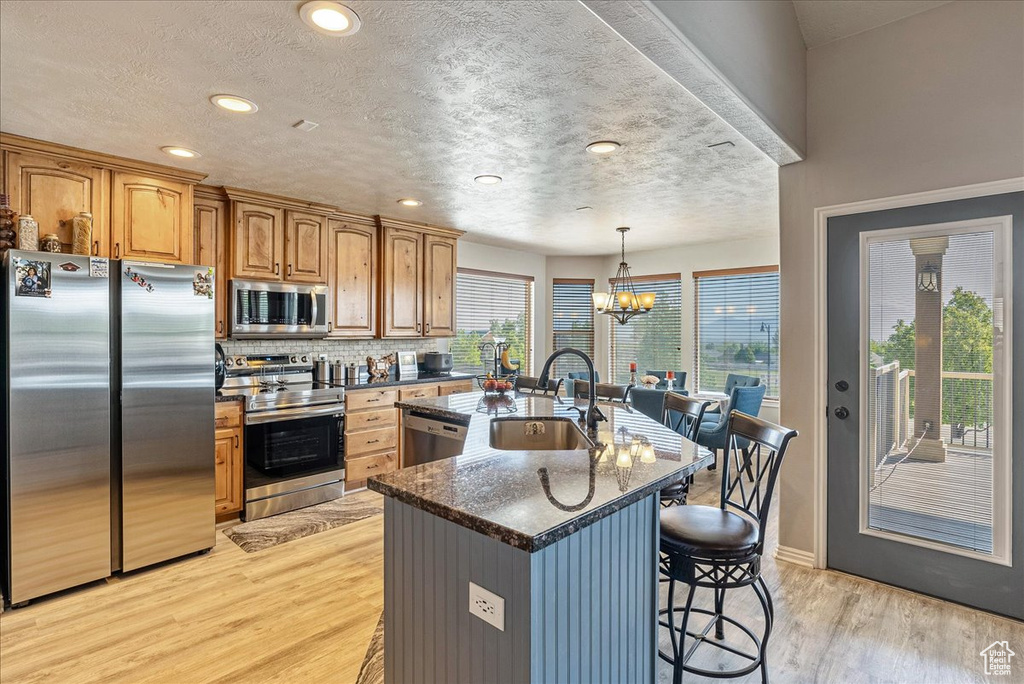 Kitchen featuring stainless steel appliances, a sink, light wood-style floors, a breakfast bar area, and a kitchen island with sink