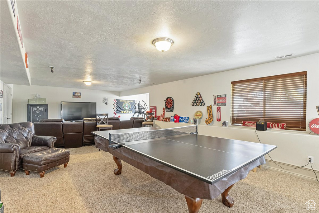 Game room featuring light carpet and a textured ceiling