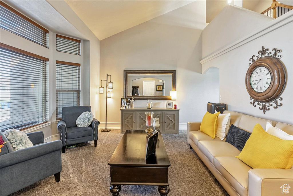 Living area with carpet, high vaulted ceiling, and baseboards