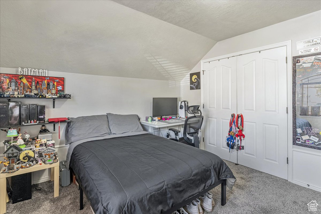 Bedroom featuring carpet, lofted ceiling, and a closet