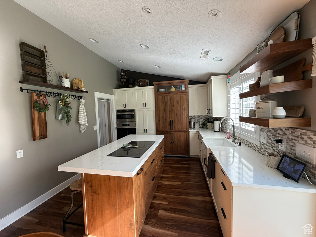 Kitchen with open shelves, vaulted ceiling, a sink, dark wood-type flooring, and decorative backsplash