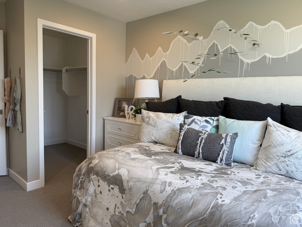 Carpeted bedroom featuring a spacious closet, baseboards, and a closet
