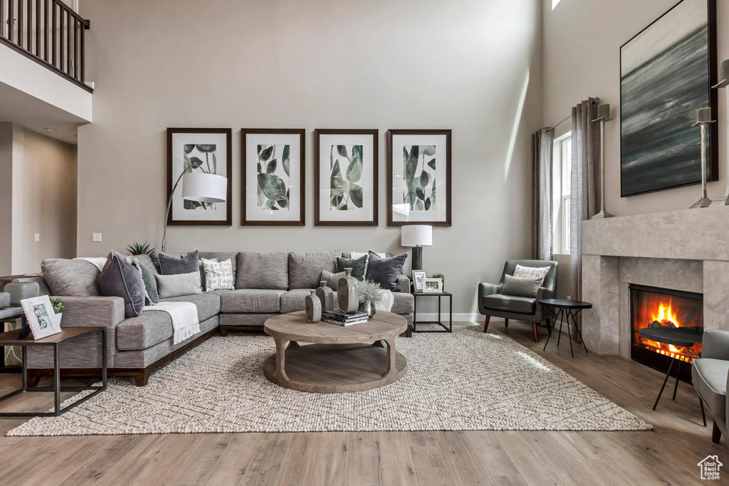 Living area featuring a towering ceiling, a premium fireplace, wood finished floors, and baseboards