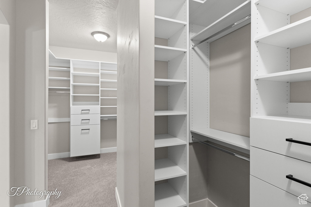 Walk in closet with light carpet