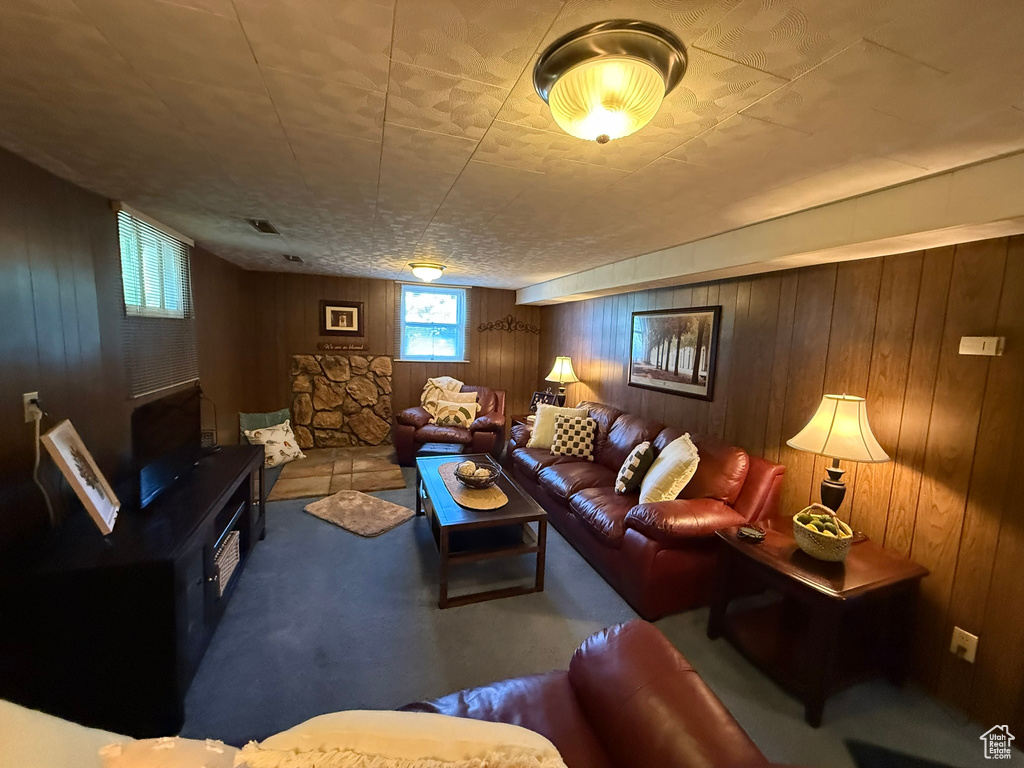 Carpeted living room with wood walls and plenty of natural light
