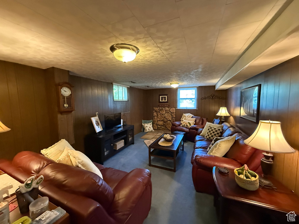 Living area featuring wood walls and carpet floors