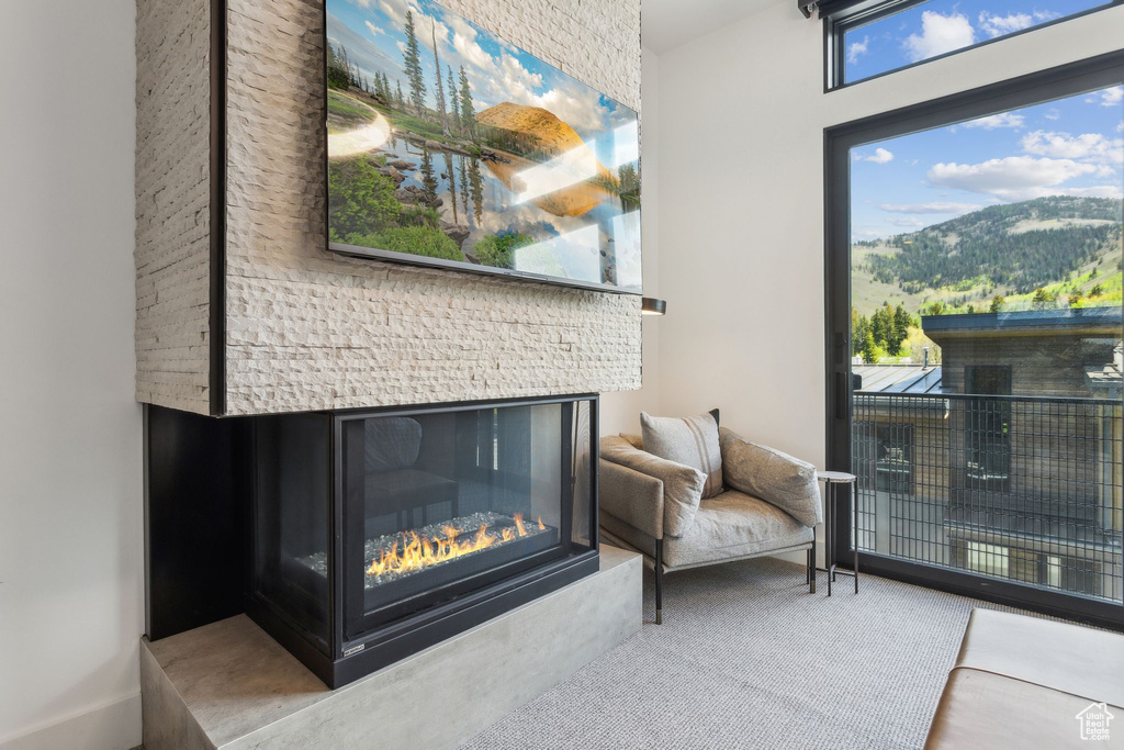 Detailed view of a glass covered fireplace and baseboards